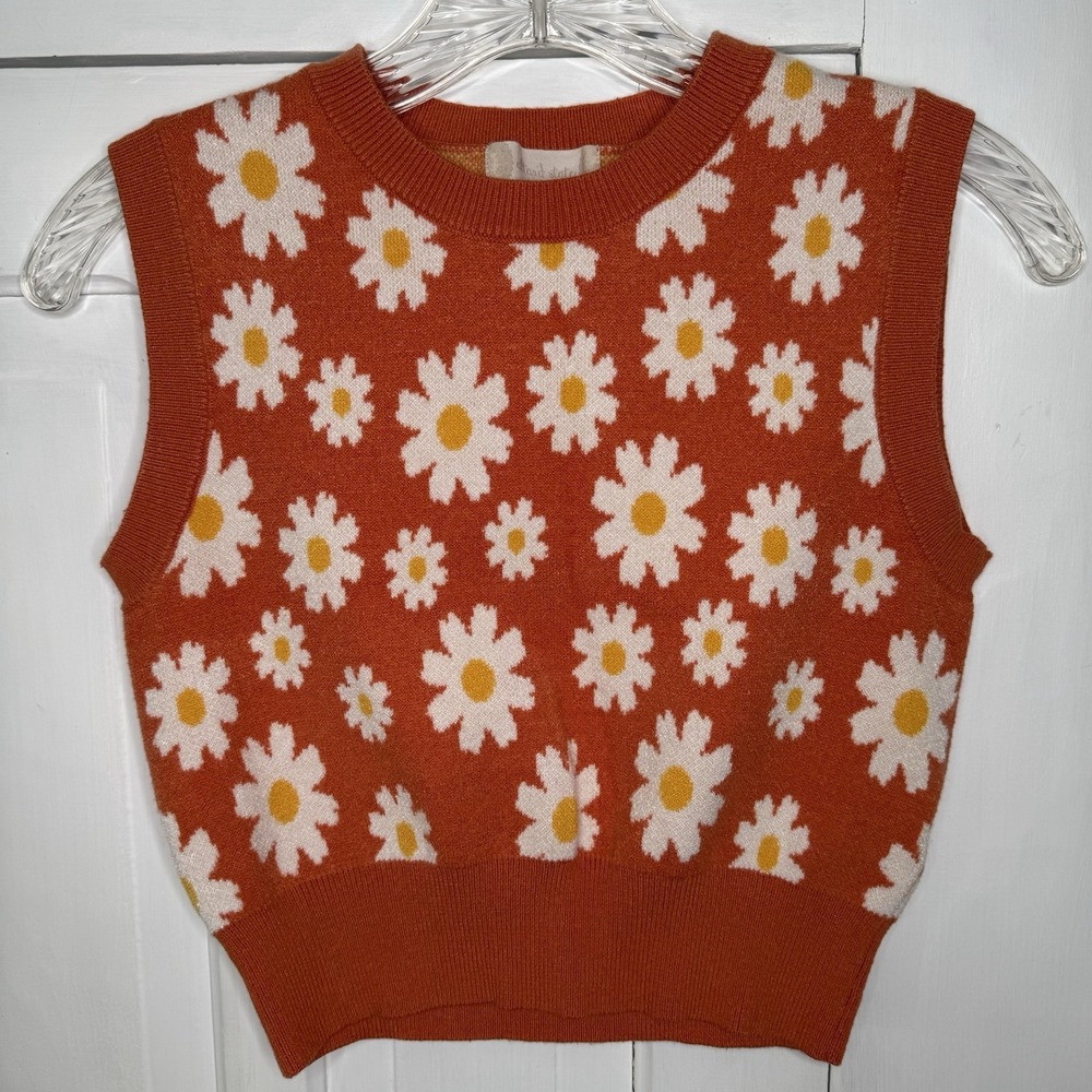 Altar'd State Women's Size Small Orange Floral Sleeveless Sweatshirt Vest Retro